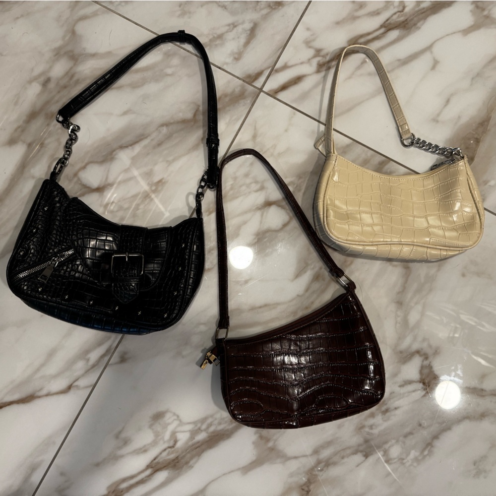 Elegant Croc-Embossed Handbag Set - Cream, Brown, and Black